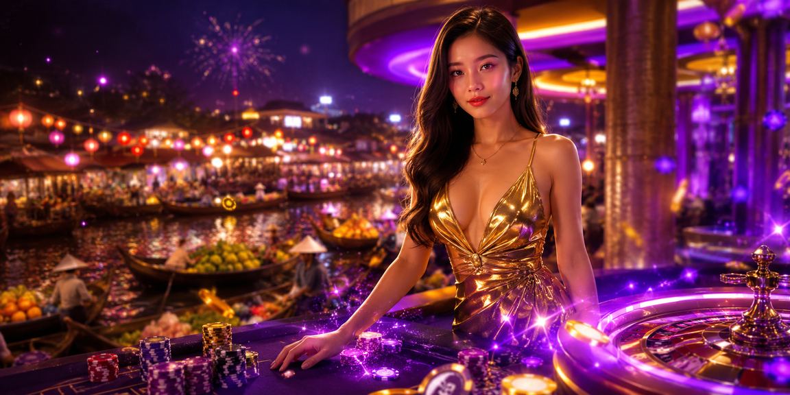 Không gian casino với bảng cá cược và ánh đèn neon tại Việt Nam